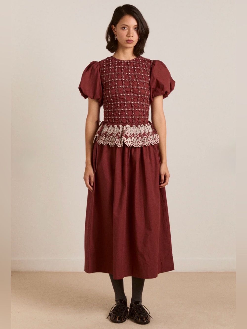 Damson madder Audrey puff sleeve organic cotton midi dress